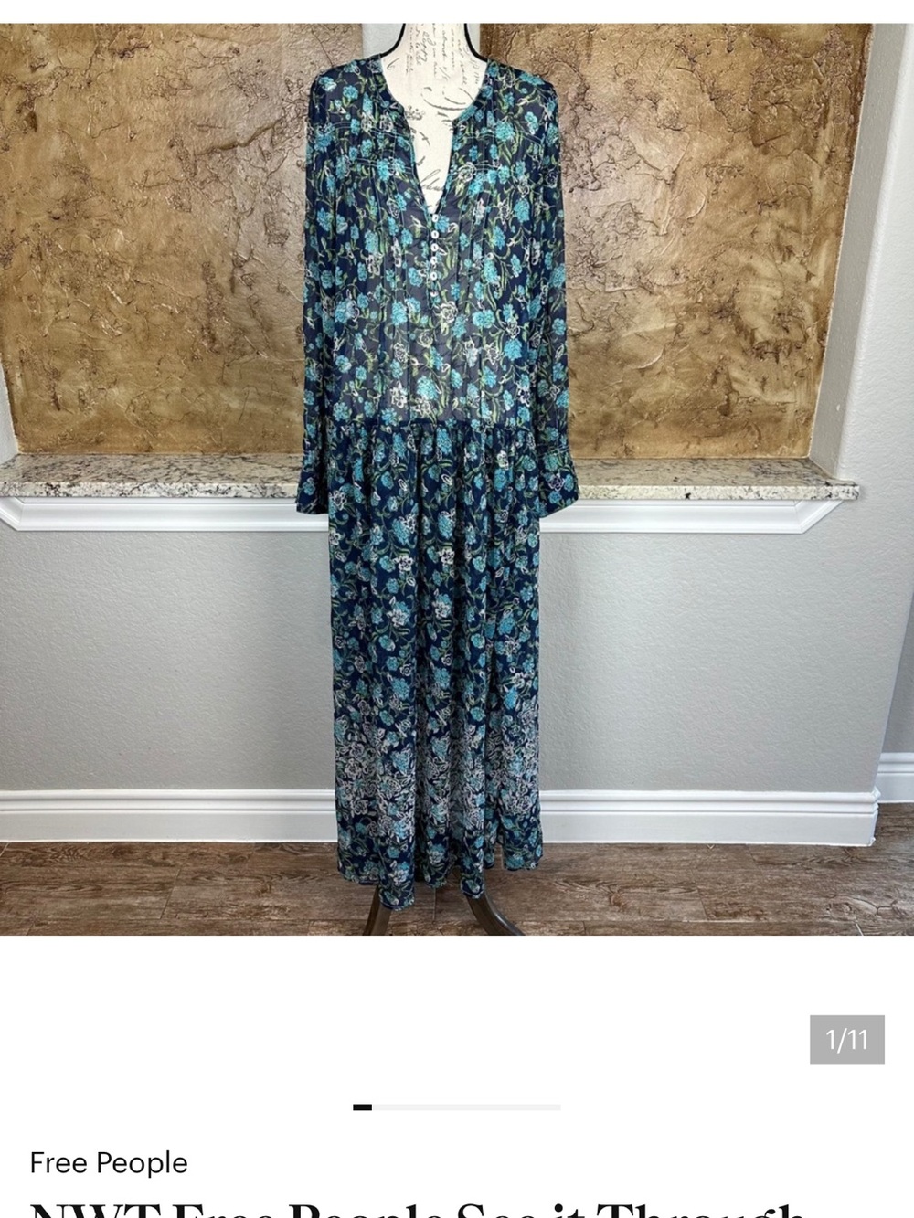 Free People Teal and Blue Floral Tiered Maxi Dress